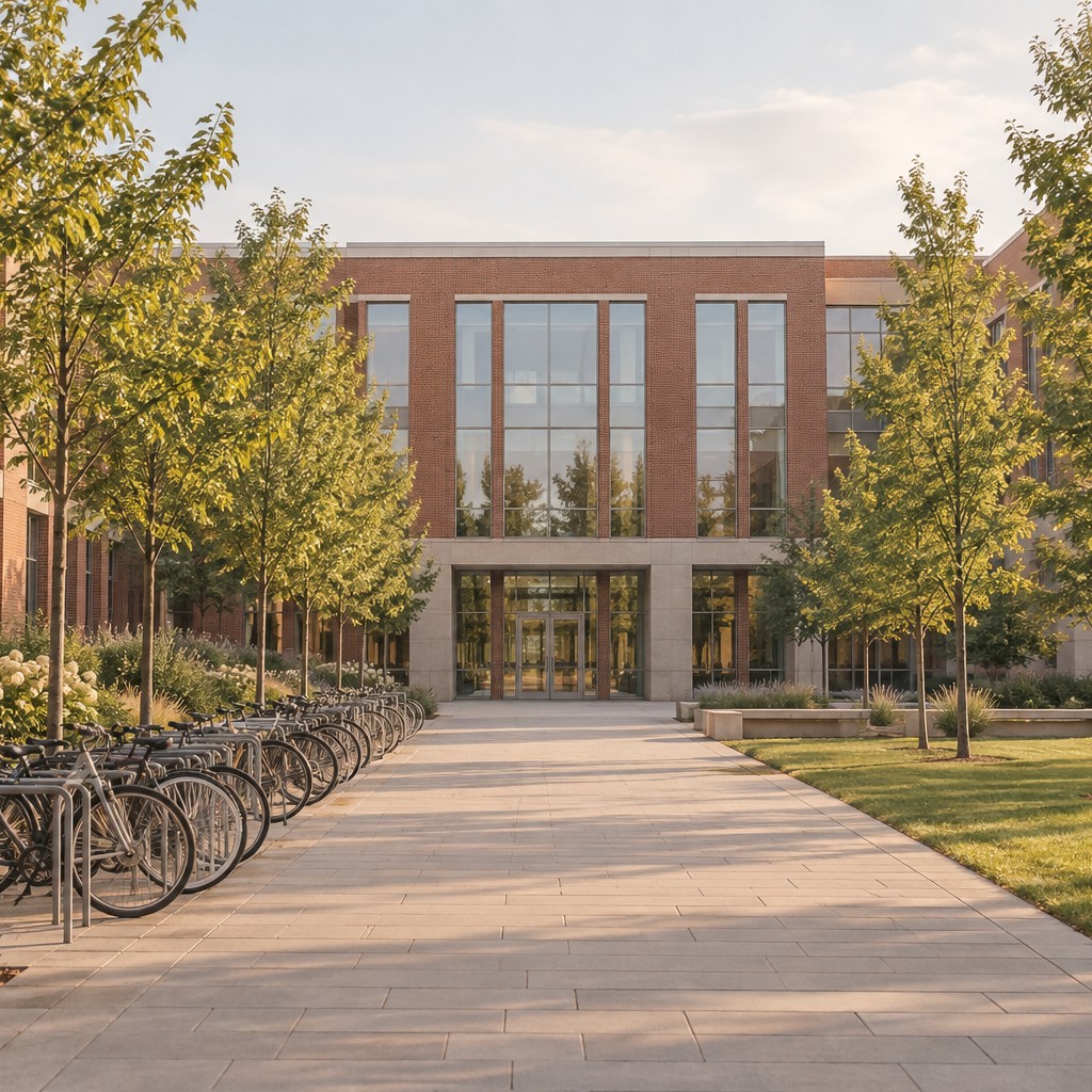 Campus walkway lined with young trees and parked bicycles, leading to a red-brick university building
