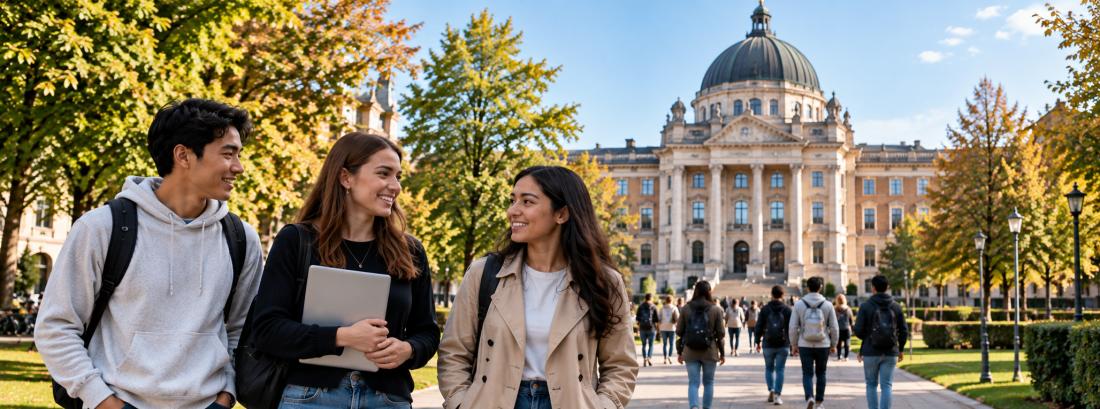 Three students standing together in front of a university campus building in autumn.